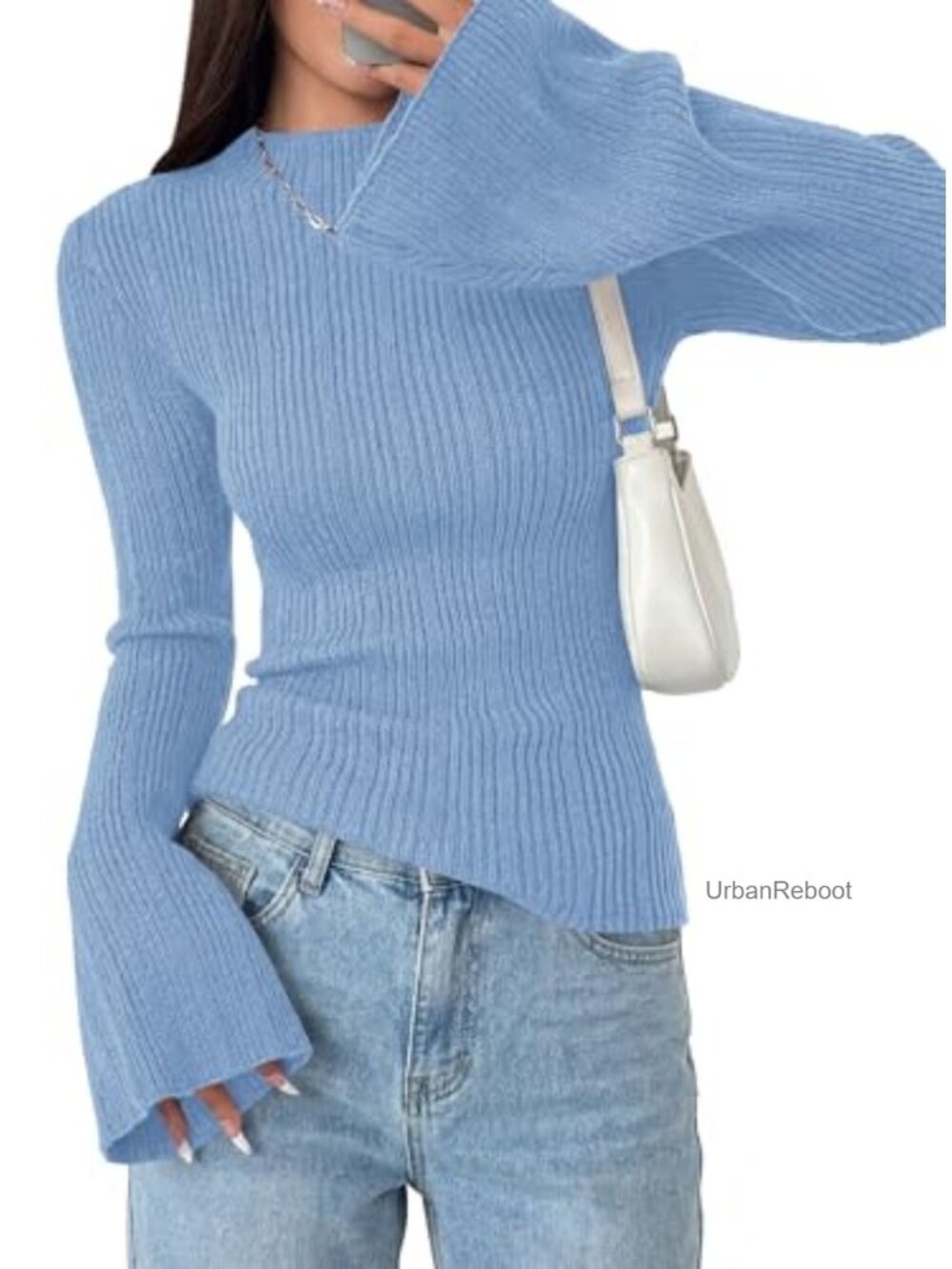 Womens Ribbed Knit Mock Neck Bell Sleeve Pullover Sweater